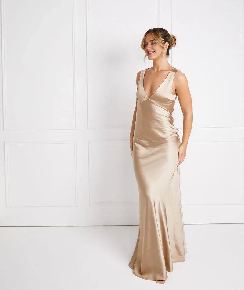 Dress Fashion Twist Back Satin Bridesmaid Dress Maxi Dress Solid Color Champagne Deep V Neck Column Prom Dress