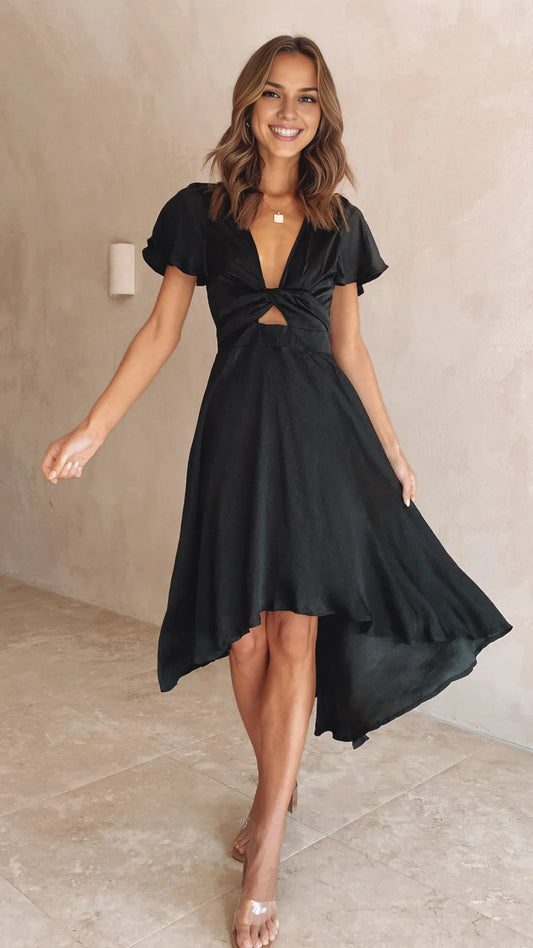 Dress Fashion V Neck Midi Dress Black A-Line Satin Sleeveless Solid Color High Low Prom Dress