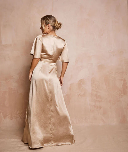 Dress Fashion Wrap Tie Satin Bridesmaid Dress Maxi Dress Solid Color Champagne Flutter Sleeve Column Prom Dress
