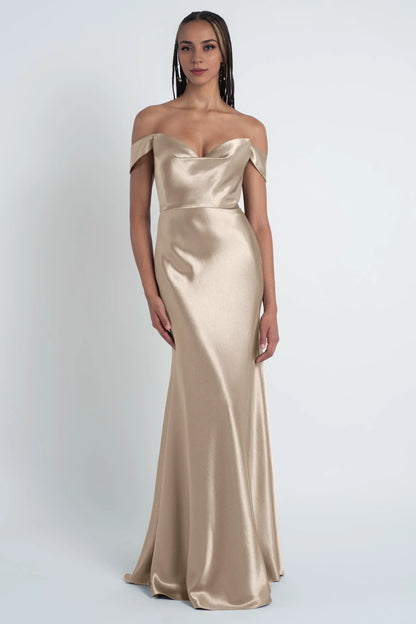 Dress Fashionable Cowl Neck Off The Shoulder Sleeve Satin Evening Dress Bridesmaid Dress Floor-Length Sheath Prom Dress
