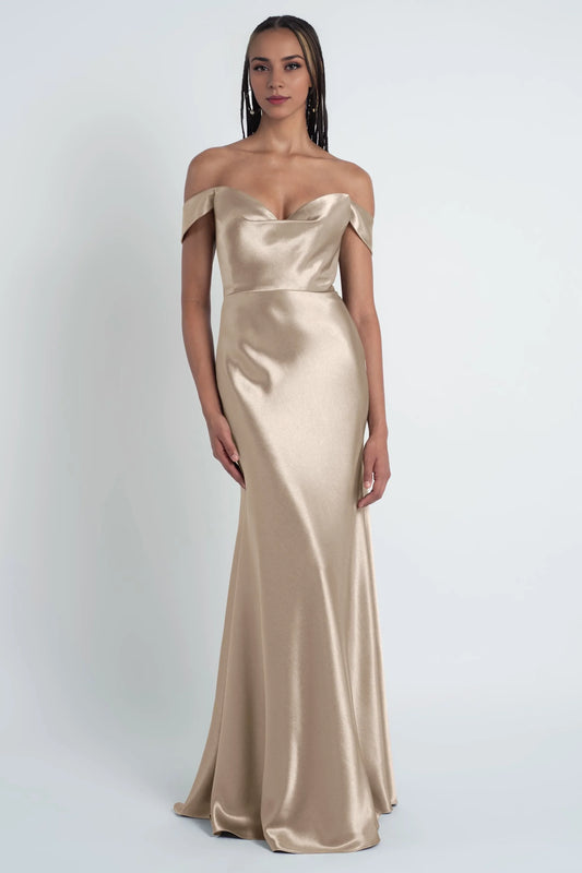 Dress Fashionable Cowl Neck Off The Shoulder Sleeve Satin Evening Dress Bridesmaid Dress Floor-Length Sheath Prom Dress