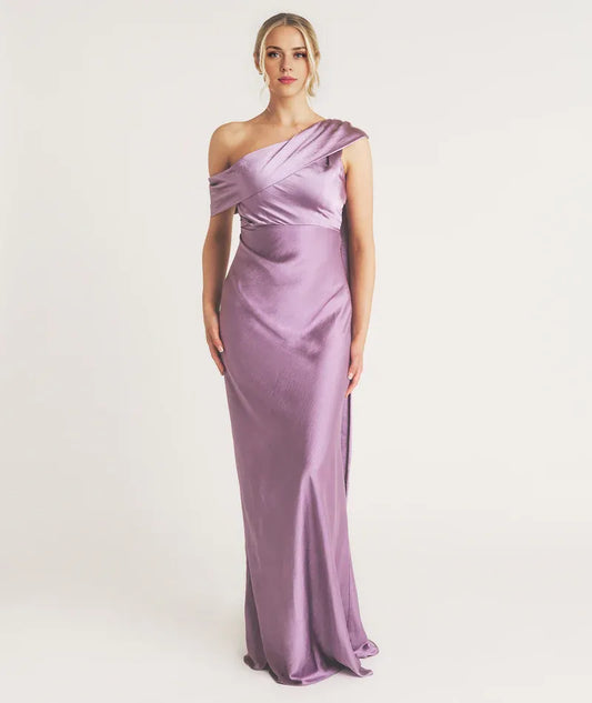 Dress Fashionable One Shoulder Drape Detail Satin Bridesmaid Dress Maxi Dress Solid Color Orchid Sleeveless Prom Dress