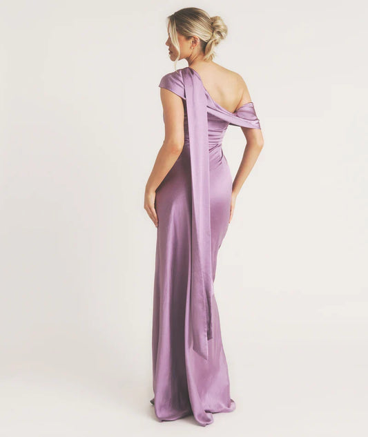 Dress Fashionable One Shoulder Drape Detail Satin Bridesmaid Dress Maxi Dress Solid Color Orchid Sleeveless Prom Dress