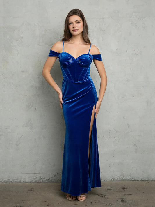 Dress Fitted Formal Velvet Prom Dress Beautifully Off Shoulder Solid Color Ruched/Pleats Hight Slit Evening Dress