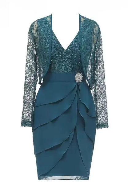 Dress Fitted Teal Blue Long Sleeves Diamond Ruffle Lace Hollow-Out Jacket Mother of the Bride Dress