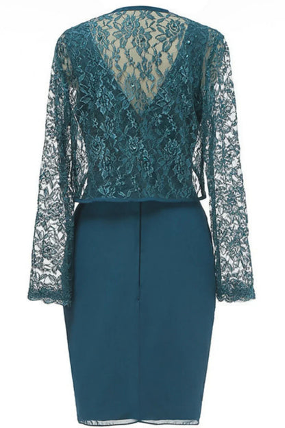 Dress Fitted Teal Blue Long Sleeves Diamond Ruffle Lace Hollow-Out Jacket Mother of the Bride Dress