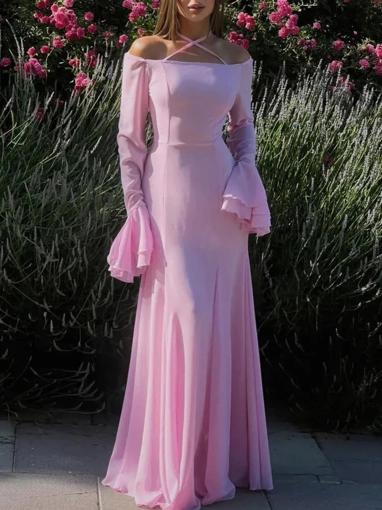 Dress Flare Long Sleeve Back Lace Up Maxi Dress Party Dress Elegant Off Shoulder Prom Dress