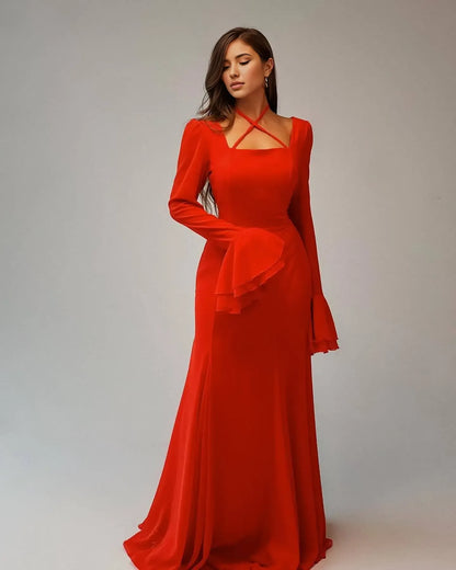 Dress Flare Long Sleeve Back Lace Up Maxi Dress Party Dress Elegant Off Shoulder Prom Dress