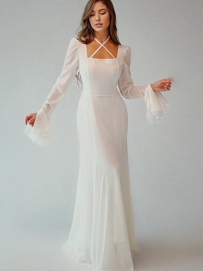 Dress Flare Long Sleeve Back Lace Up Maxi Dress Party Dress Elegant Off Shoulder Prom Dress