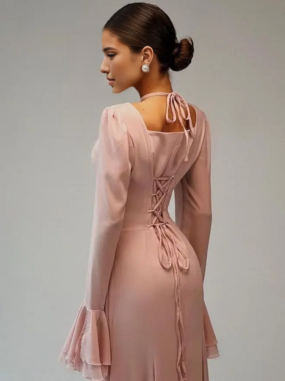 Dress Flare Long Sleeve Back Lace Up Maxi Dress Party Dress Elegant Off Shoulder Prom Dress
