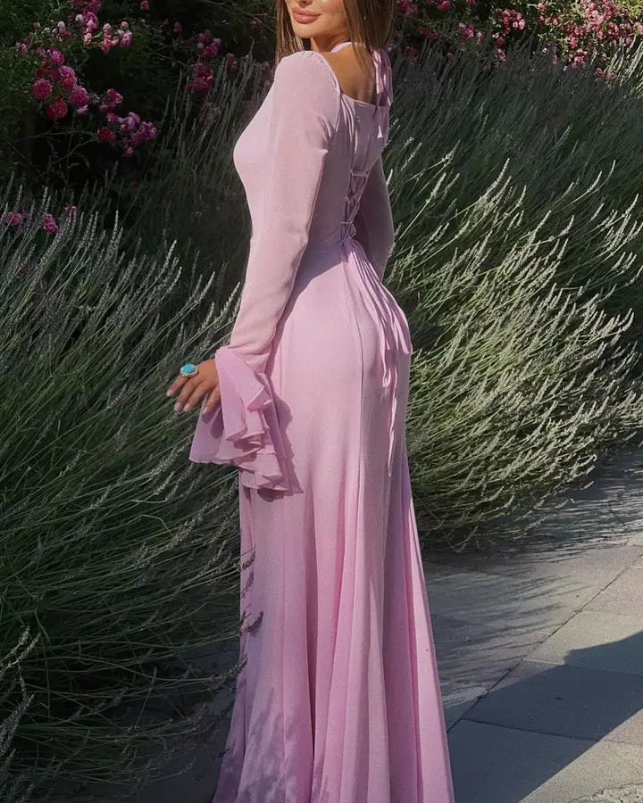 Dress Flare Long Sleeve Back Lace Up Maxi Dress Party Dress Elegant Off Shoulder Prom Dress
