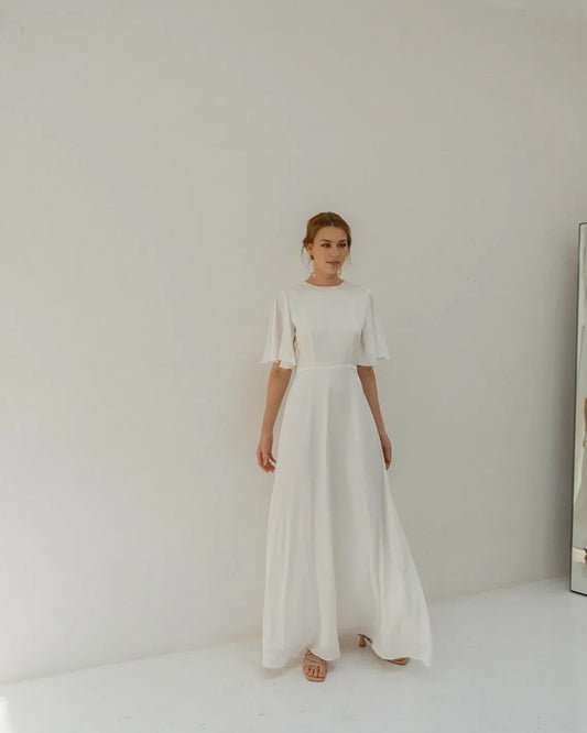 Dress Floor Length Dress Wedding Dress Flutter Short Sleeves Dress Bride Dress