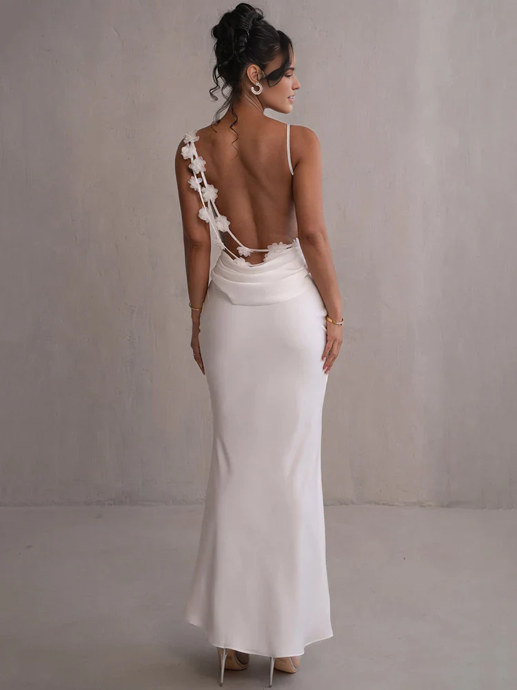 Dress Floral Draped Open Back Spaghetti Strap Maxi Dress Bridesmaid Dress Party Dress Sleeveless Floor Length Prom Dress