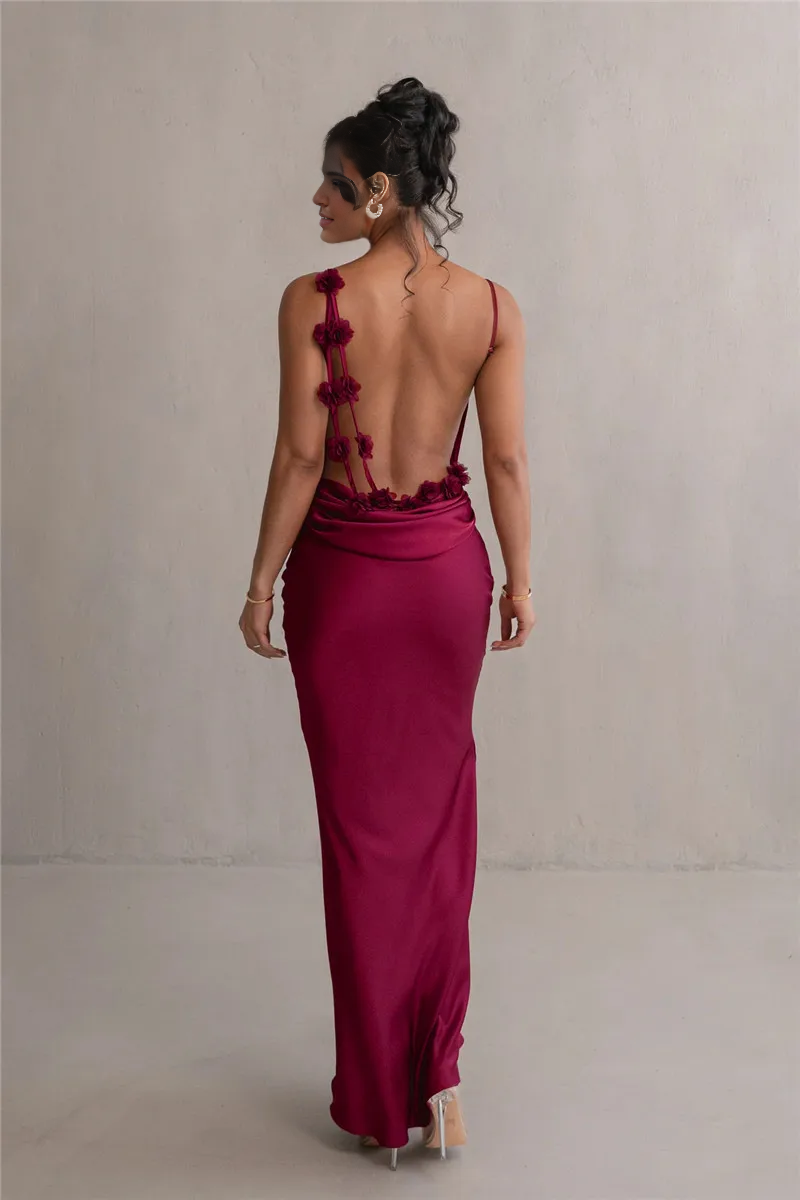 Dress Floral Draped Open Back Spaghetti Strap Maxi Dress Bridesmaid Dress Party Dress Sleeveless Floor Length Prom Dress
