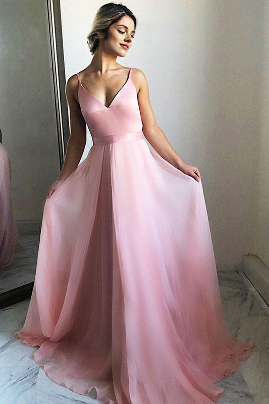 Dress Flowing A-Line V-Neck Sweep Train Pink Chiffon Prom Party Dress