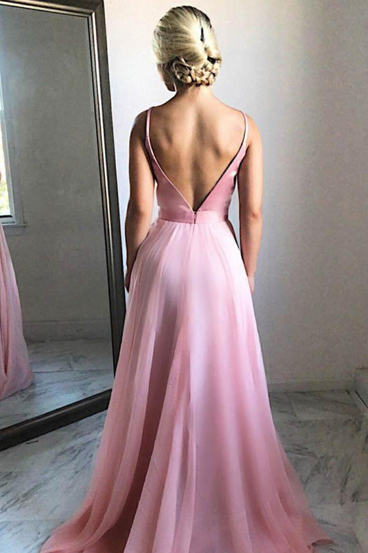 Dress Flowing A-Line V-Neck Sweep Train Pink Chiffon Prom Party Dress