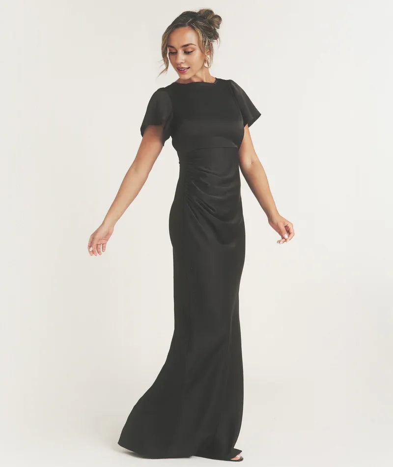Dress Flutter Sleeve Tie Back Satin Bridesmaid Dress Black Pleated Solid Color Fashion Column Prom Dress