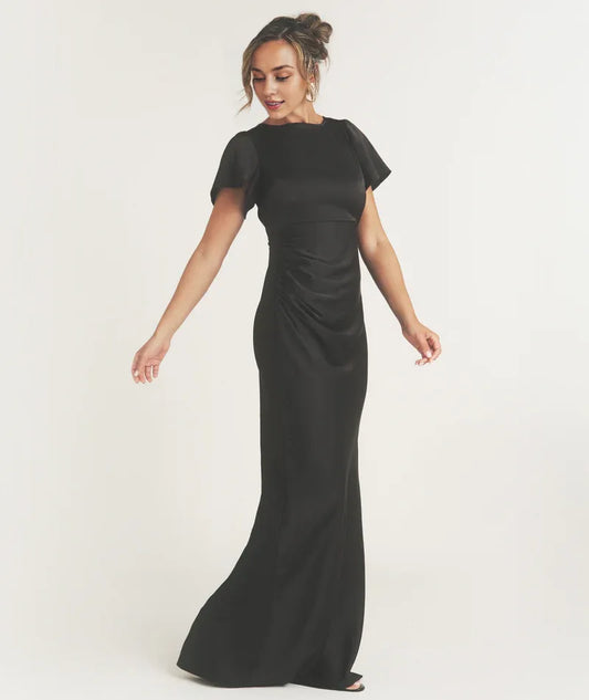 Dress Flutter Sleeve Tie Back Satin Bridesmaid Dress Black Pleated Solid Color Fashion Column Prom Dress