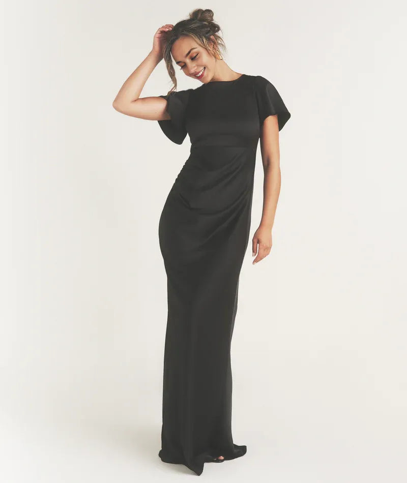 Dress Flutter Sleeve Tie Back Satin Bridesmaid Dress Black Pleated Solid Color Fashion Column Prom Dress
