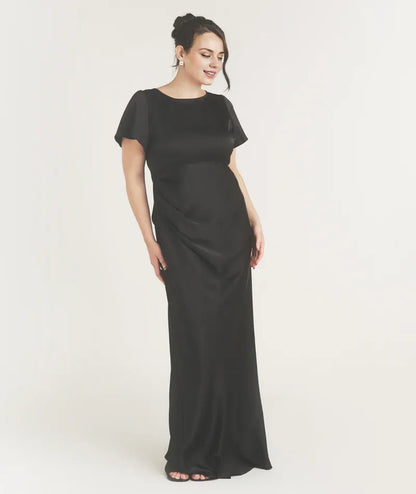 Dress Flutter Sleeve Tie Back Satin Bridesmaid Dress Black Pleated Solid Color Fashion Column Prom Dress