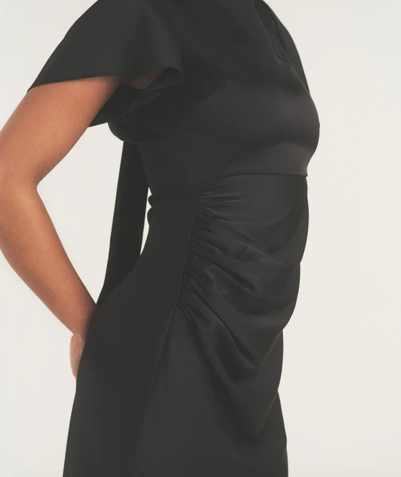 Dress Flutter Sleeve Tie Back Satin Bridesmaid Dress Black Pleated Solid Color Fashion Column Prom Dress