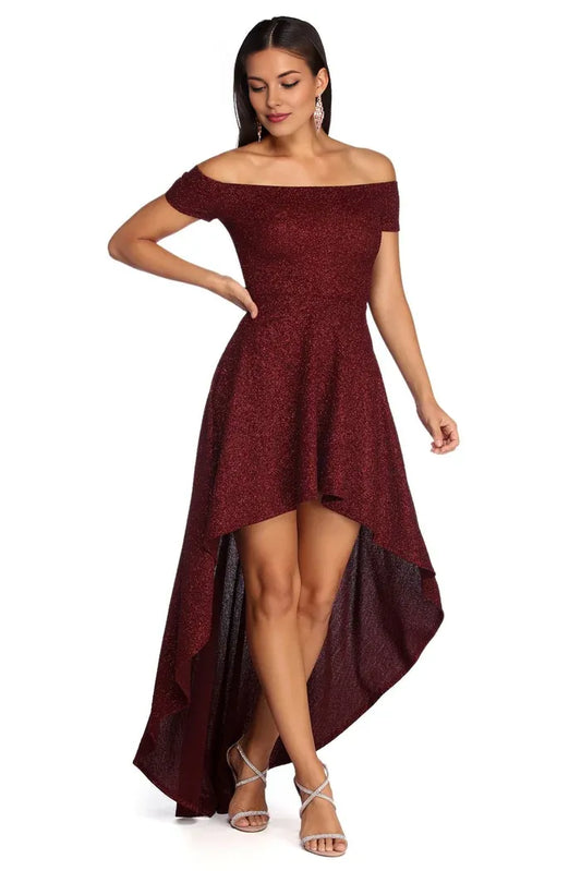 Dress Formal Glitter High Low Cocktail Party Dress Sleeveless Sparkle & Shine Off the Shoulder Prom Dress