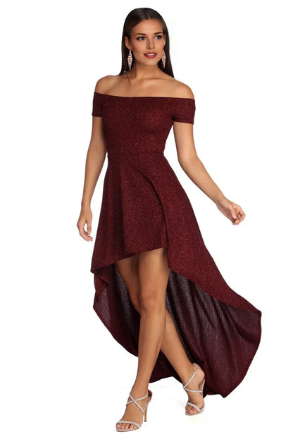 Dress Formal Glitter High Low Cocktail Party Dress Sleeveless Sparkle & Shine Off the Shoulder Prom Dress