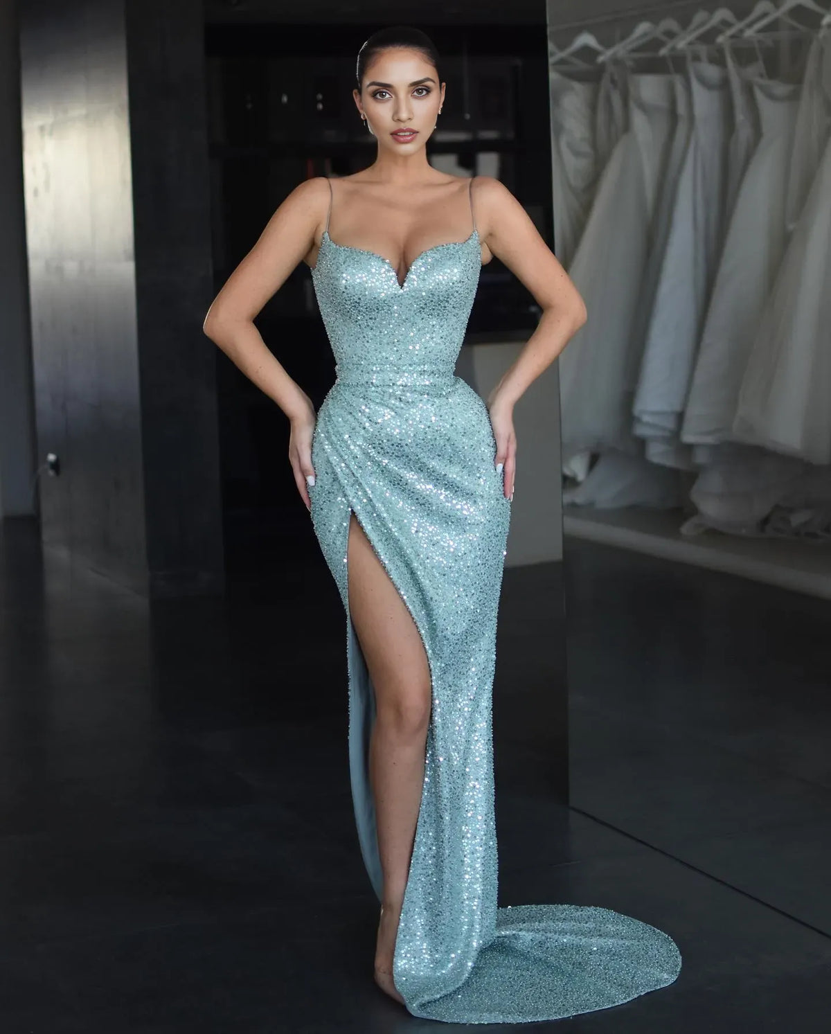 Dress Formal Women's Dresses Elegant Blue Mermaid Prom Dresses Spaghetti Sequins Evening Dress Lace Up Back Pleats Split Formal Long Special Occasion Party dress Prom Dress Stores