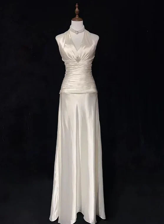 Dress Formal Women's Dresses V Neck A Line Satin Halter Wedding Dress Party Gown Prom Dress In Store
