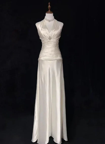 Dress Formal Women's Dresses V Neck A Line Satin Halter Wedding Dress Party Gown Prom Dress In Store