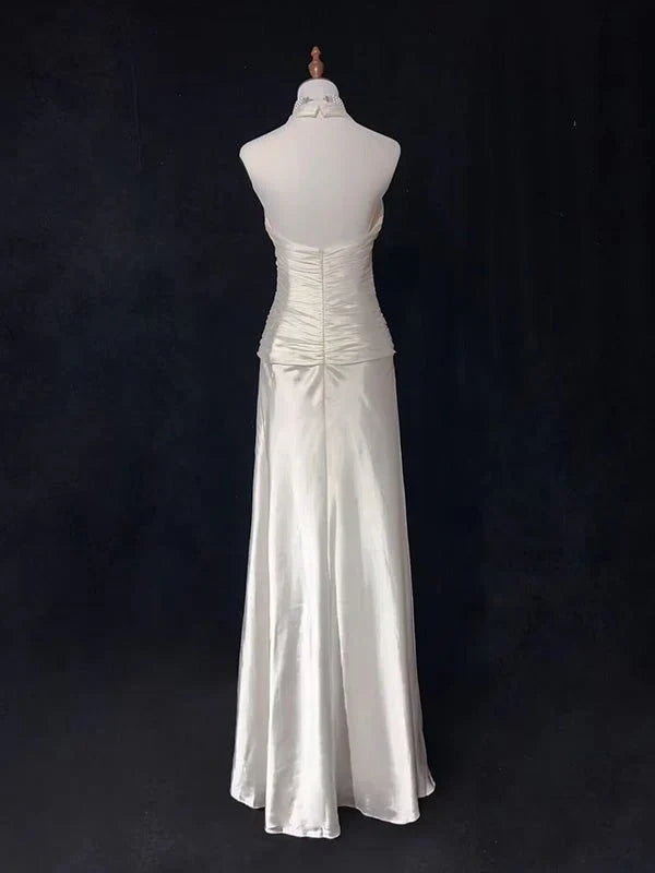 Dress Formal Women's Dresses V Neck A Line Satin Halter Wedding Dress Party Gown Prom Dress In Store