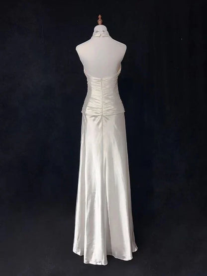 Dress Formal Women's Dresses V Neck A Line Satin Halter Wedding Dress Party Gown Prom Dress In Store