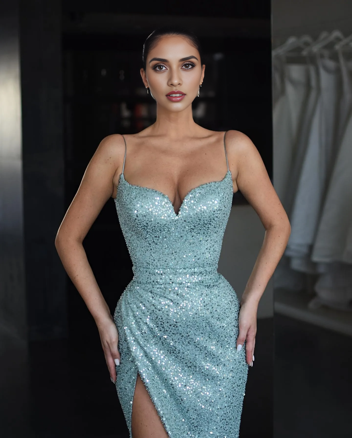 Dress Formal Women's Dresses Elegant Blue Mermaid Prom Dresses Spaghetti Sequins Evening Dress Lace Up Back Pleats Split Formal Long Special Occasion Party dress Prom Dress Stores