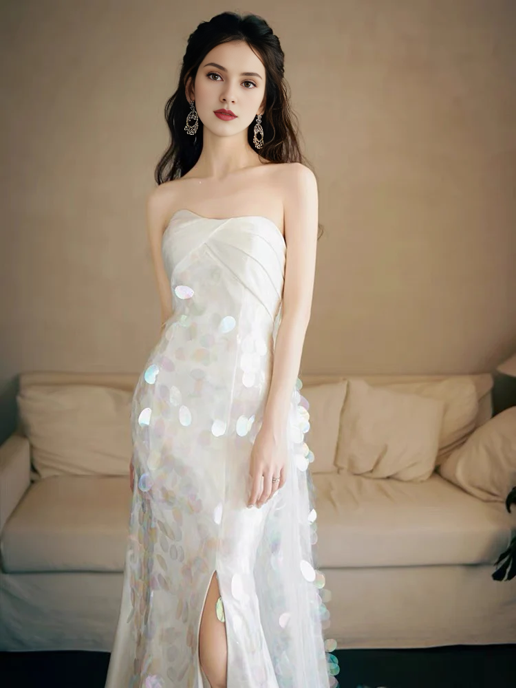 Dress Formal Women's Dresses Strapless A Line White Sequin Long Prom Dress Formal Party Dress Prom Dress Stores
