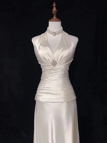 Dress Formal Women's Dresses V Neck A Line Satin Halter Wedding Dress Party Gown Prom Dress In Store