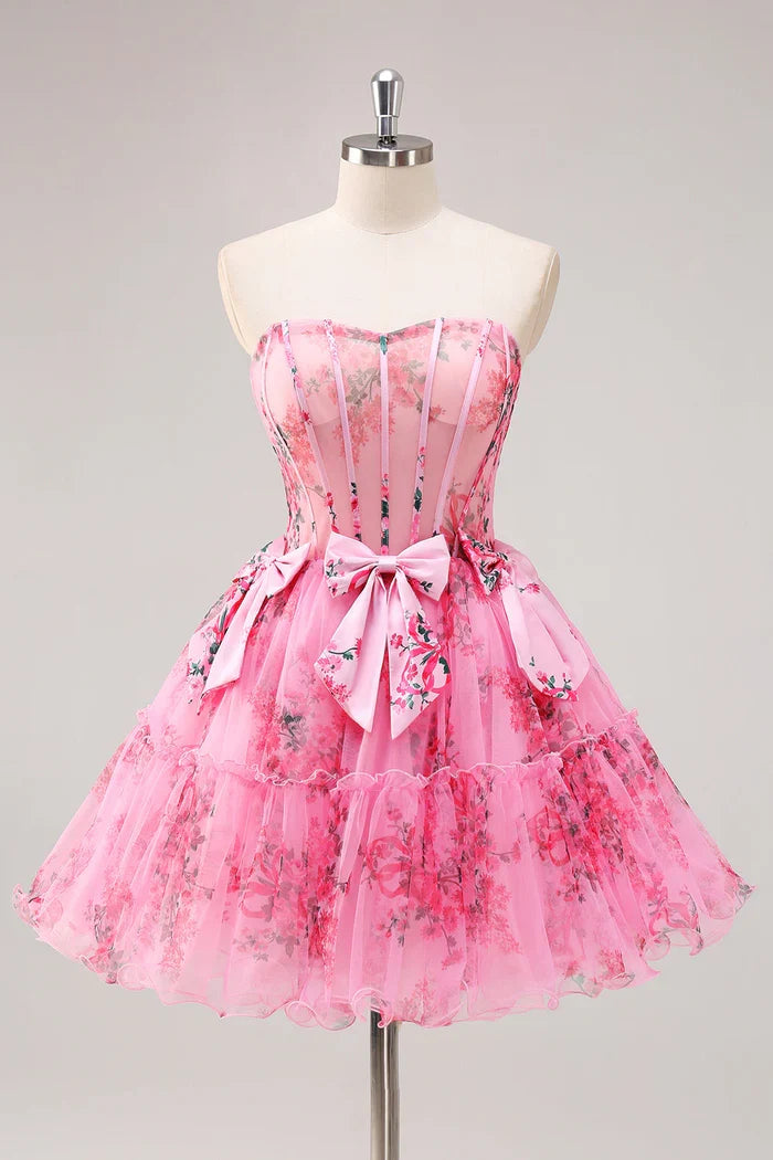 Dress Fuchsia A-Line Floral Corset Tulle Homecoming Dress Bows Strapless Party Dress