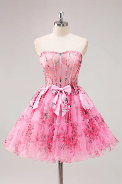 Dress Fuchsia A-Line Floral Corset Tulle Homecoming Dress Bows Strapless Party Dress