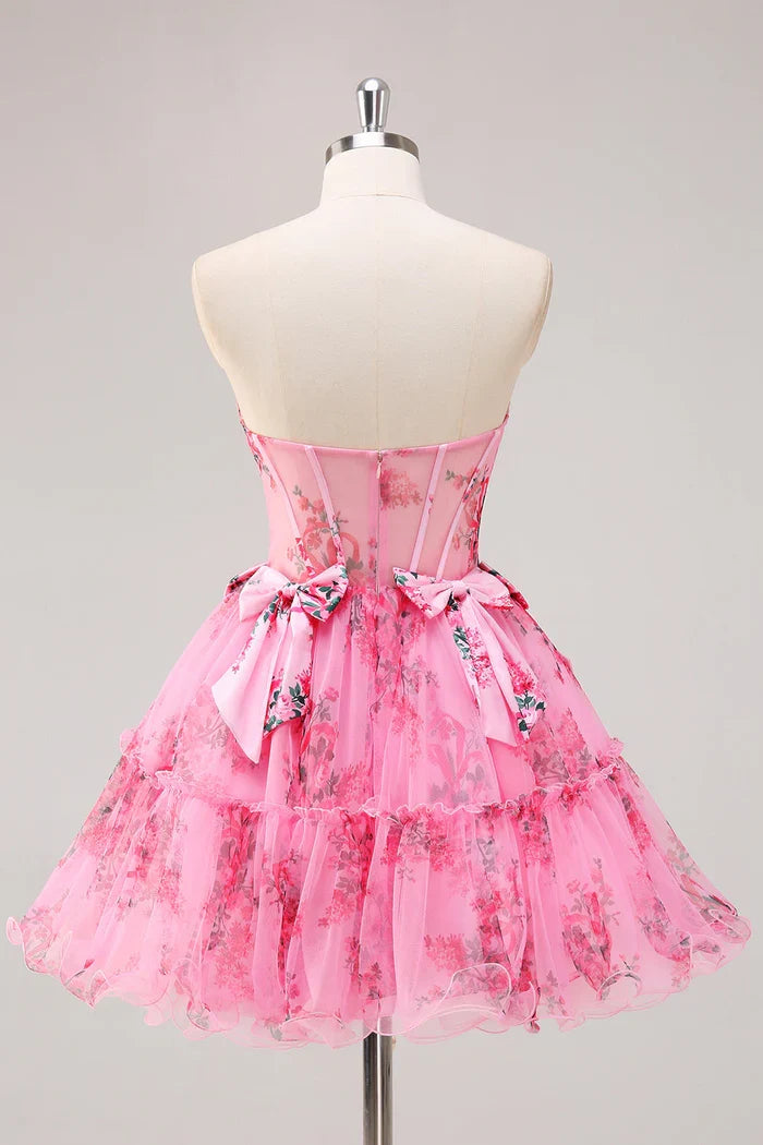 Dress Fuchsia A-Line Floral Corset Tulle Homecoming Dress Bows Strapless Party Dress