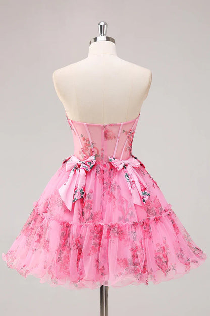 Dress Fuchsia A-Line Floral Corset Tulle Homecoming Dress Bows Strapless Party Dress