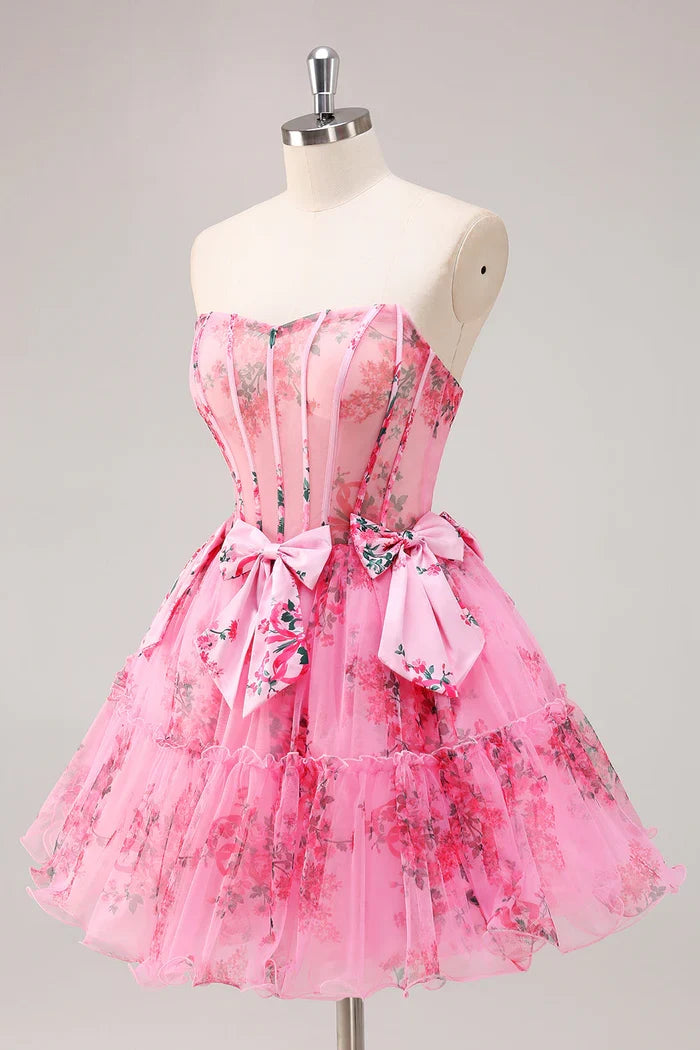Dress Fuchsia A-Line Floral Corset Tulle Homecoming Dress Bows Strapless Party Dress