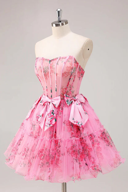 Dress Fuchsia A-Line Floral Corset Tulle Homecoming Dress Bows Strapless Party Dress