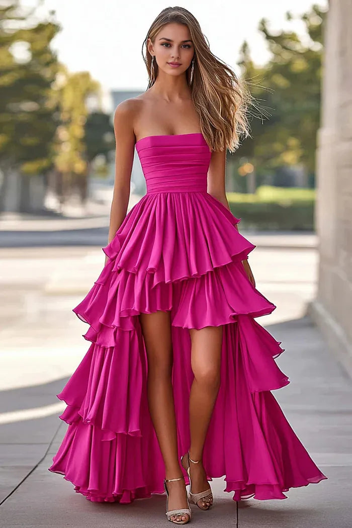 Dress Fuchsia A-Line Strapless Ruched Satin High-Low Maxi Dress Prom Dress With Ruffles Evening Dress