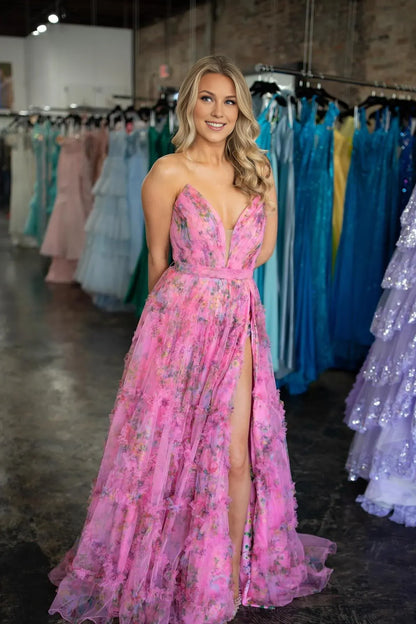 Dress Fuchsia Floral Strapless V Neck Tulle Long Formal Dress Prom Dress