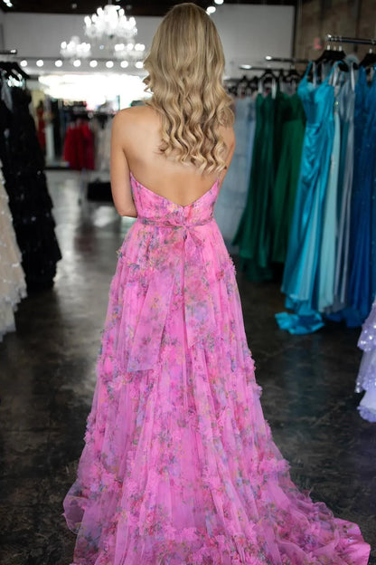 Dress Fuchsia Floral Strapless V Neck Tulle Long Formal Dress Prom Dress