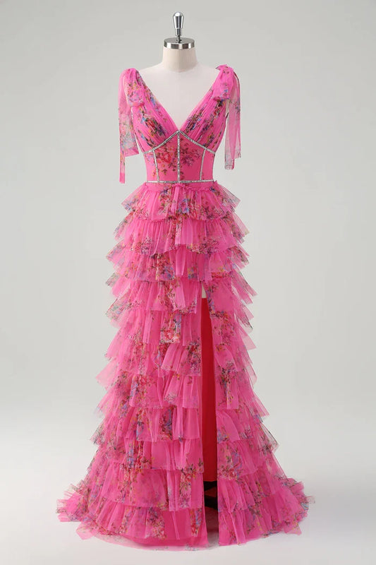 Dress Fuchsia Floral Tiered A-Line Tulle Maxi Dress Prom Dress Slit Sweep Brush Train Evening Dress
