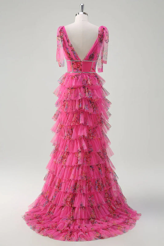 Dress Fuchsia Floral Tiered A-Line Tulle Maxi Dress Prom Dress Slit Sweep Brush Train Evening Dress