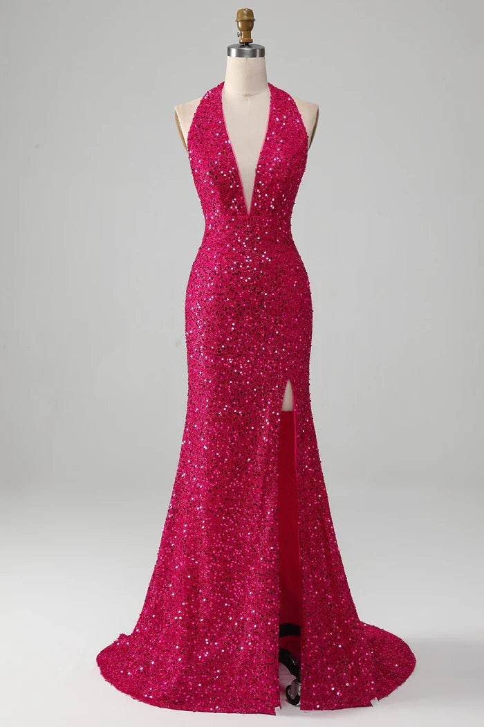 Dress Fuchsia Mermaid Halter Sequin Backless Party Dress With Slit Prom Dress