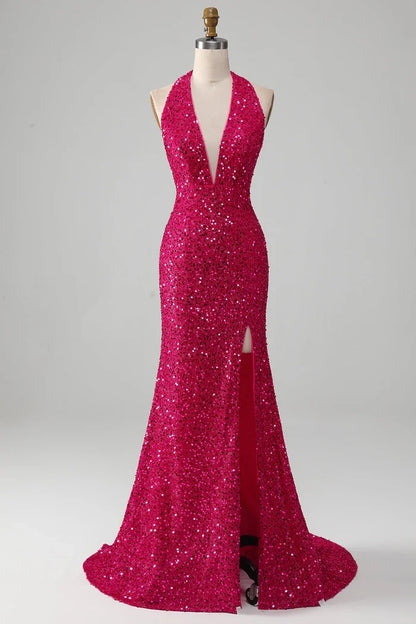 Dress Fuchsia Mermaid Halter Sequin Backless Party Dress With Slit Prom Dress
