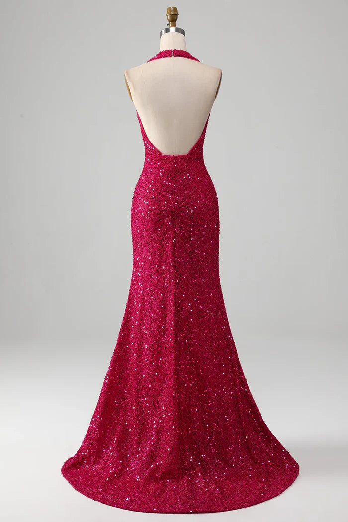 Dress Fuchsia Mermaid Halter Sequin Backless Party Dress With Slit Prom Dress