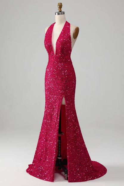 Dress Fuchsia Mermaid Halter Sequin Backless Party Dress With Slit Prom Dress